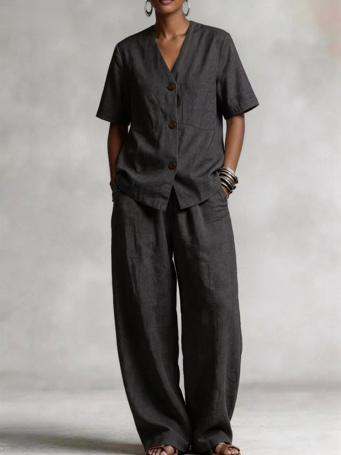 Summer Linen Short-sleeve Top And Casual Wide-leg Pants