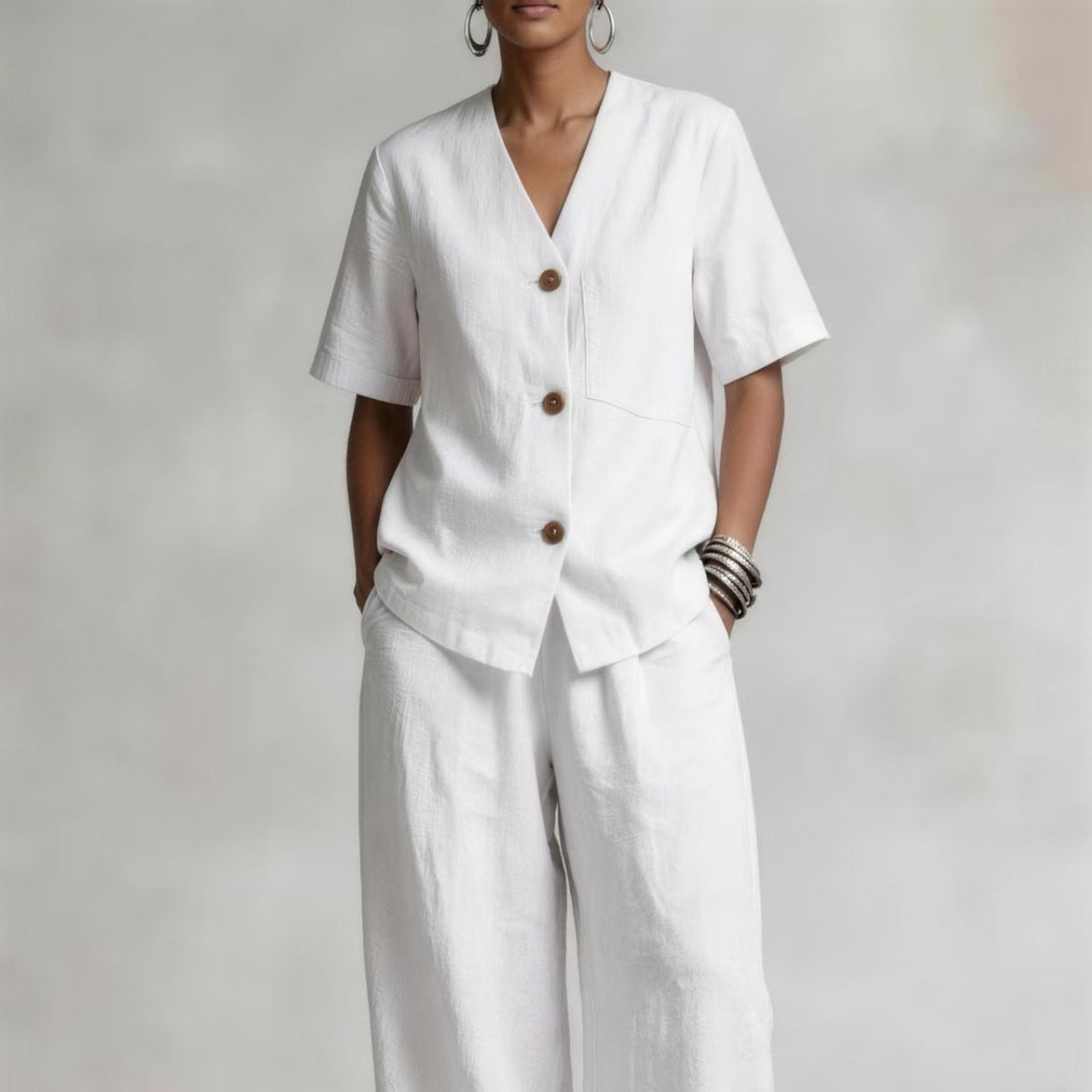 Summer Linen Short-sleeve Top And Casual Wide-leg Pants