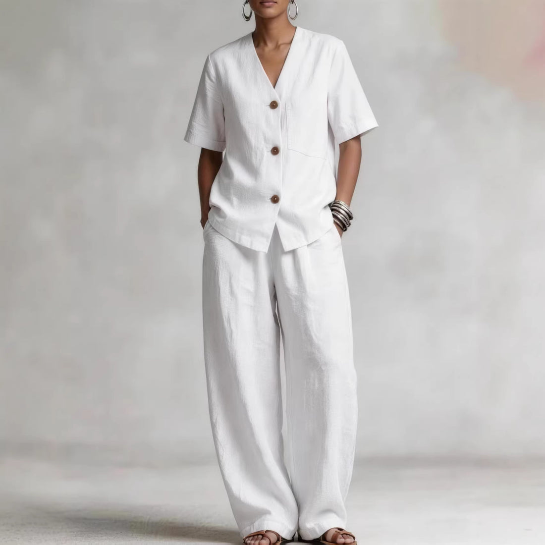 Summer Linen Short-sleeve Top And Casual Wide-leg Pants